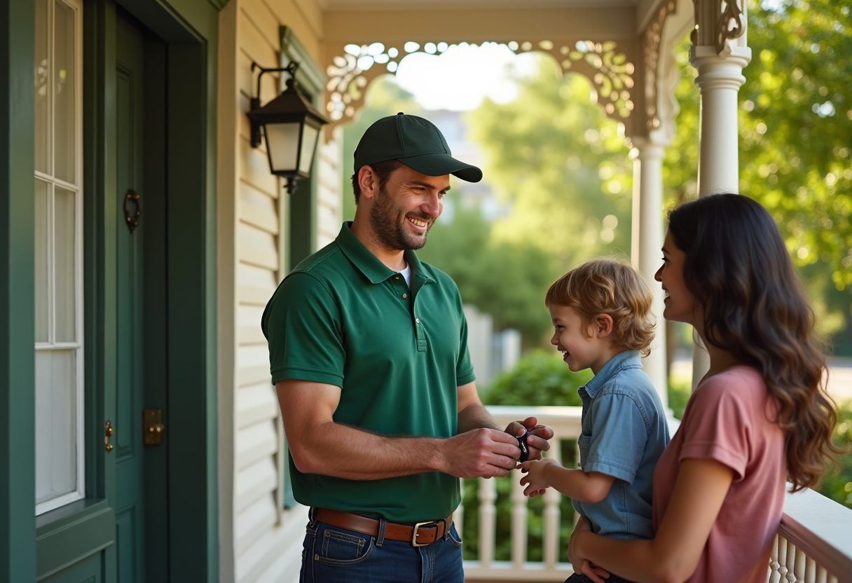 Locksmith handing new keys to a family on their verandah — Neutral Bay